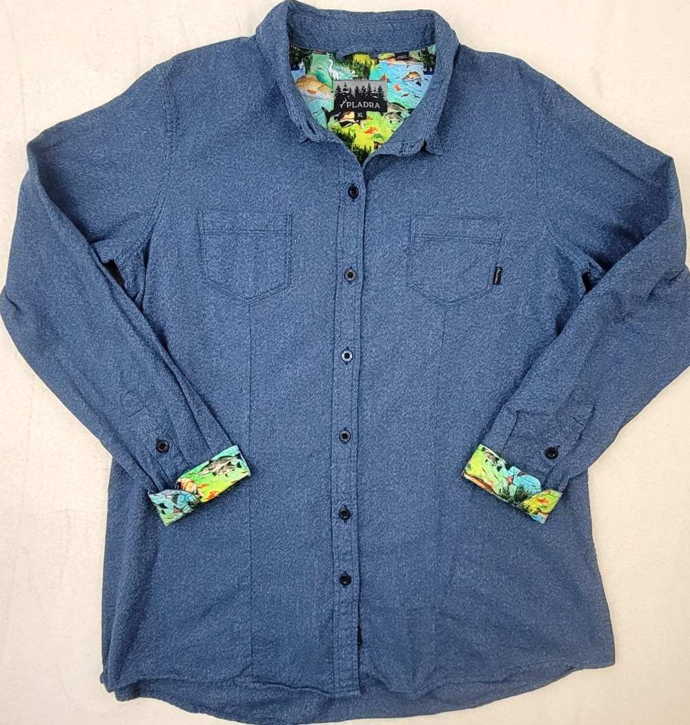 Pladra Blue Chambray Cascade Shirt XL Fishing Print Lining